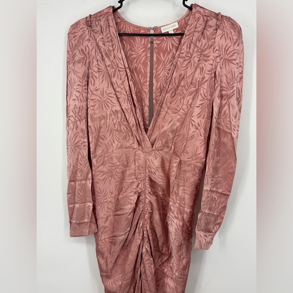 NWOT Ronny Kobo Tropical Print V-Neck Ruched Midi Dress Pink Large - Picture 5 of 6